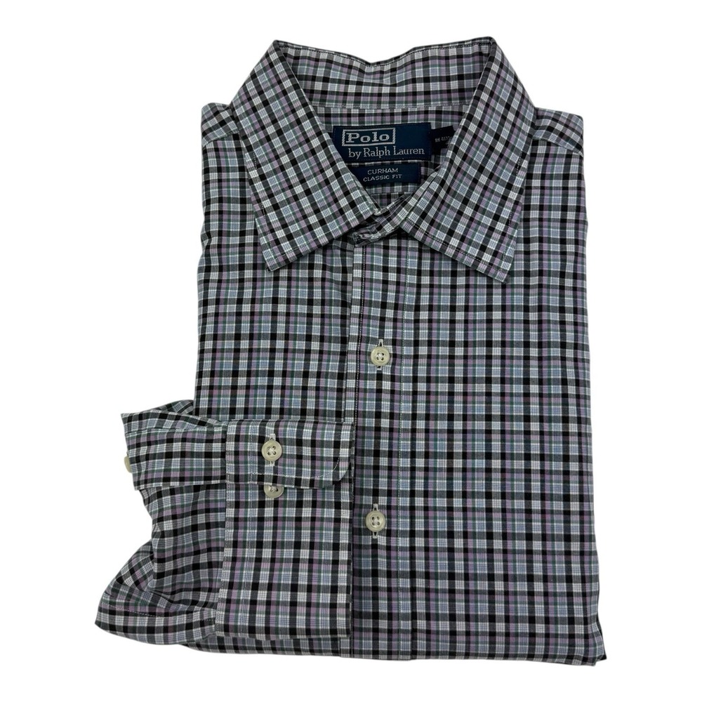 Polo Ralph Lauren White Black Purple Green Check Cotton Curham Shirt‎ 16.5/34-35